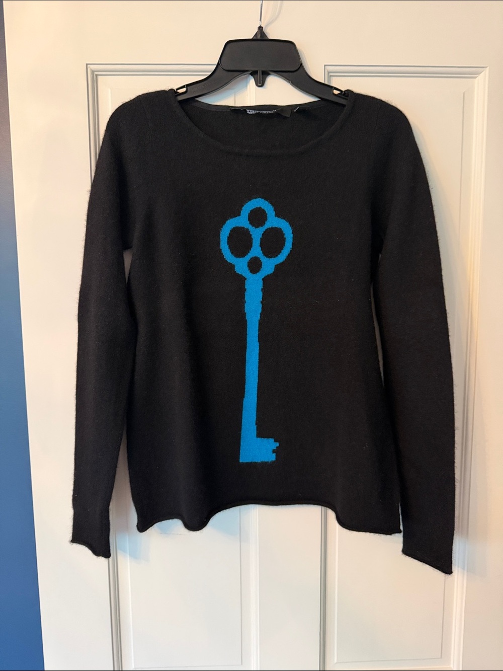 Bloomingdale's Black Cashmere Sweater with Blue Key Graphic